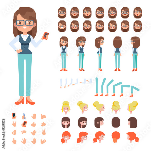 Front, side, back view animated character.  Manager character creation set with various views, hairstyles, face emotions, poses and gestures. Cartoon style, flat vector illustration.