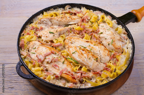Chicken breasts with creamy bacon and mushroom pasta