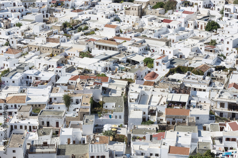 Top view of the white ancient city of Lindos