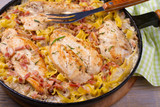 Chicken breasts with creamy bacon and mushroom pasta