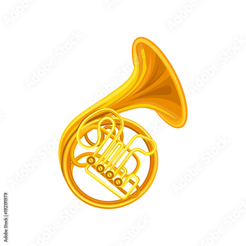 Golden french horn. Brass musical instrument with coiled tube, valves and flared bell. Flat vector element for music school poster or concept brochure