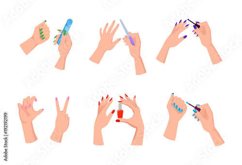 Female Hands with Bright Manicure and Nail Files