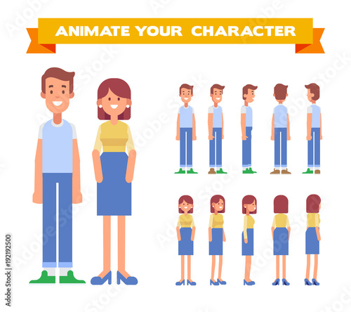 Man and woman. Front  side  back  3 4 view characters. Cartoon style  flat vector illustration.