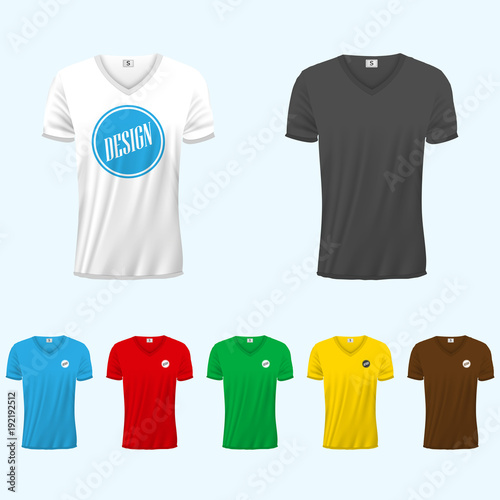 Colored T-shirts for men. Mockup. Realistic vector illustration