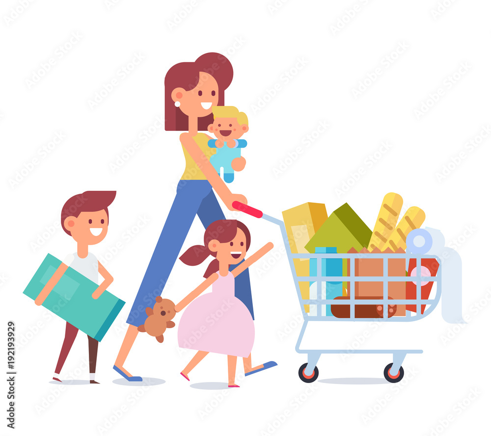 Happy family shopping - mother with happy kids. Big sale. Purchasing of goods and gifts. Flat Vector illustration, cartoon design. Happy family shopping - mother with happy kids. Big sale. Purchasing of goods and gifts. Flat Vector illustration, cartoon design.