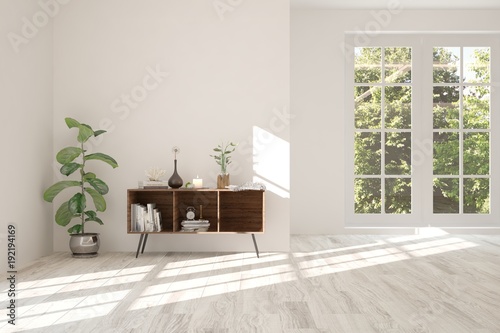 White empty room with shelf and summer landscape in window. Scandinavian interior design. 3D illustration