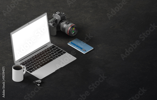 Perspective view of laptop with office tools. Workspace mock up. Isometric.