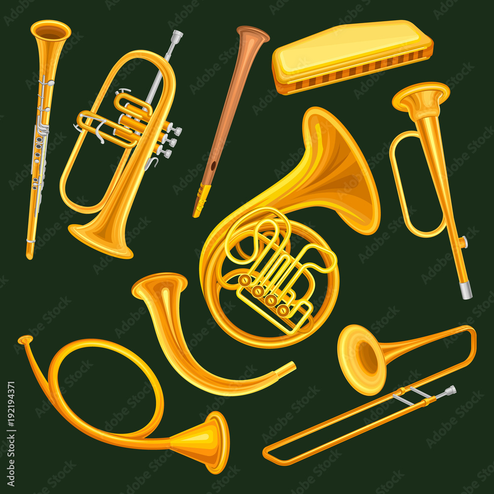 Set of woodwind and brass musical instruments. Clarinet, trumpet,  harmonica, wooden pipe sopilka , french horn, hunting horns, trompette,  trombone. Flat vector design Stock Vector | Adobe Stock