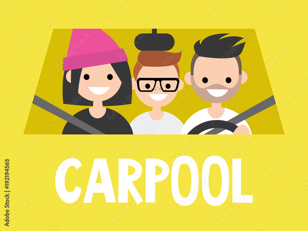 Carpool. Taxi service. Driver and passengers sitting in the car. Close up view / flat editable vector illustration, clip art Carpool. Taxi service. Driver and passengers sitting in the car. Close up view / flat editable vector illustration, clip art