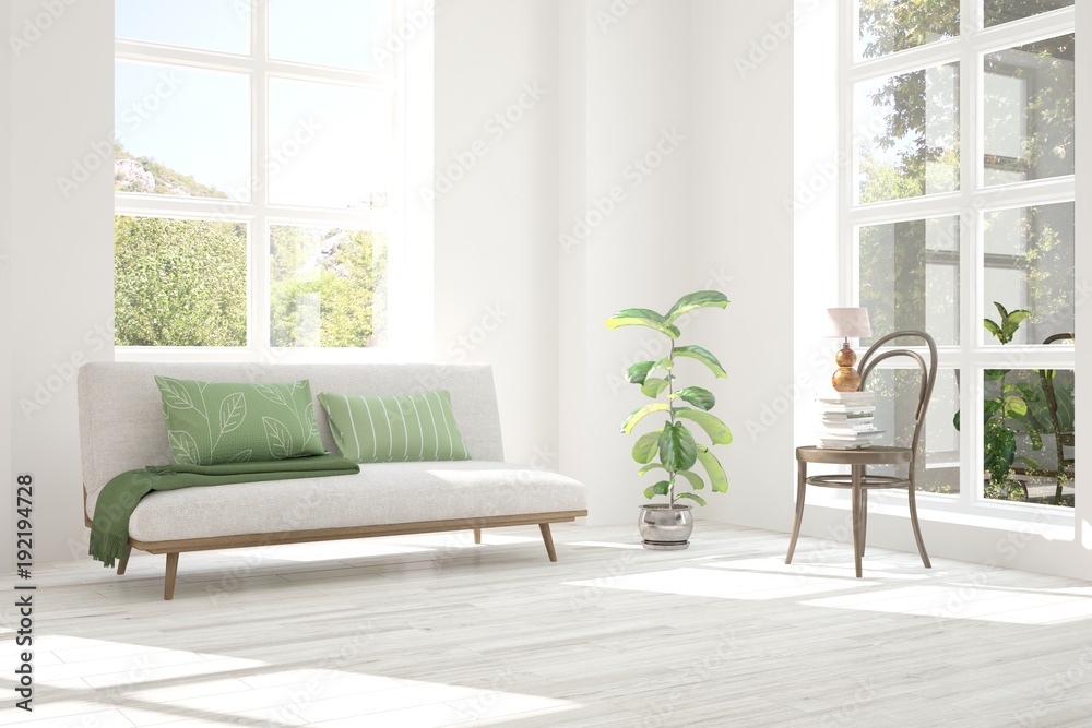 Idea of white room with sofa and summer landscape in window. Scandinavian interior design. 3D illustration Idea of white room with sofa and summer landscape in window. Scandinavian interior design. 3D illustration