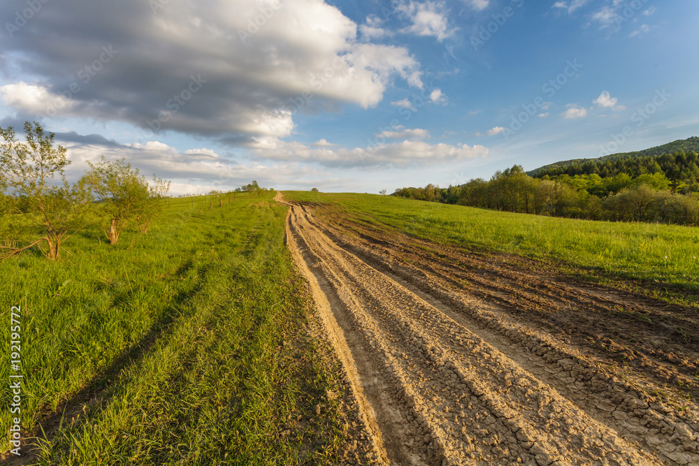 Blue cloudy sky over green hills and country road