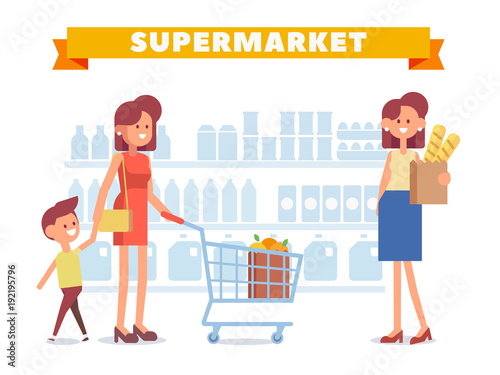 Women's shopping in supermarket. Vector illustration in a flat style