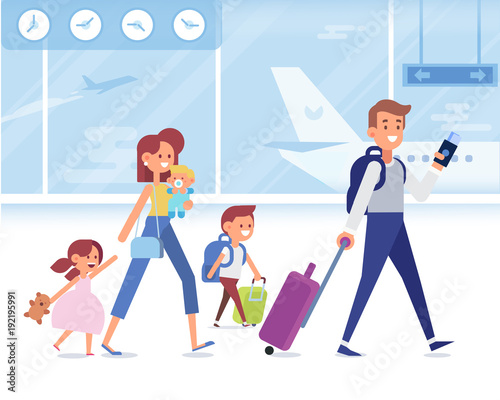 Happy Family travel together. Parents with children at the airport. Flat Vector illustration.  Character design.