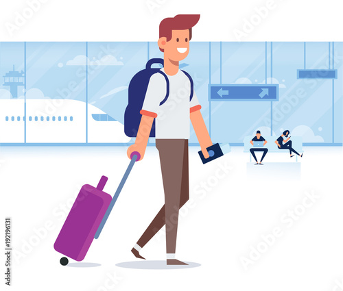 People traveling design. Smiling man holding passport ready for vacation travel at the airport. Flat Vector illustration. Character design.