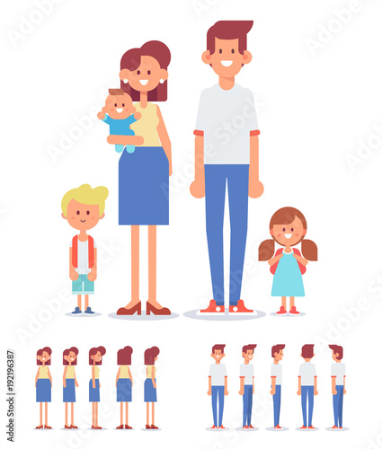 Young Family together - mother, dad and children. Front, side, back, 3/4 view for animation. Cartoon style, flat vector illustration.