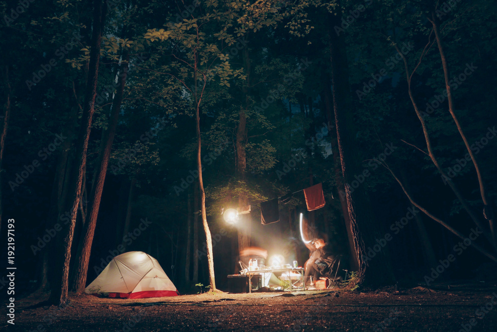 Plakat 静かな森の中でキャンプ