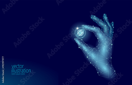 Global cryptocurrency GCC coin blockchain link low poly hand. Polygonal geometric 3d render point live digital electronic banking future innovation business technology vector illustration photo