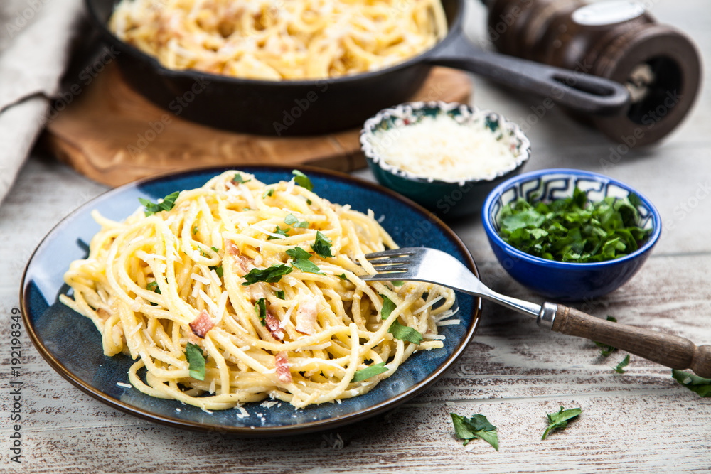 Spaghetti carbonara with egg and pancetta Spaghetti carbonara with egg and pancetta