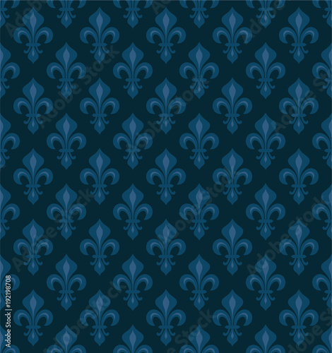 Royal Heraldic Lilies (Fleur-de-lis) — dark blue velvet, seamless pattern, wallpaper background.