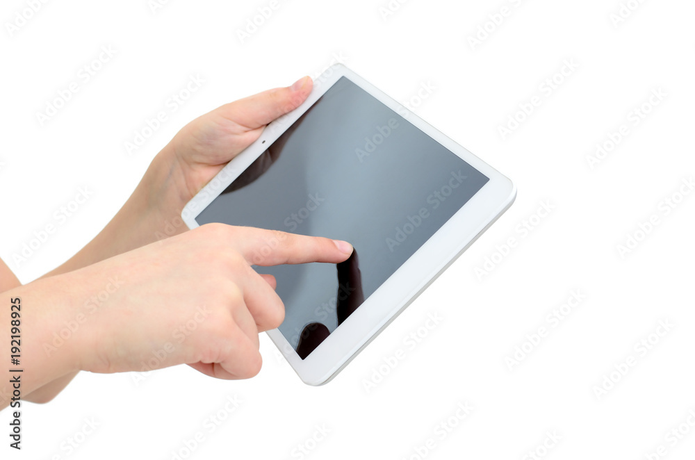 Hands holding gadget isolated on white background