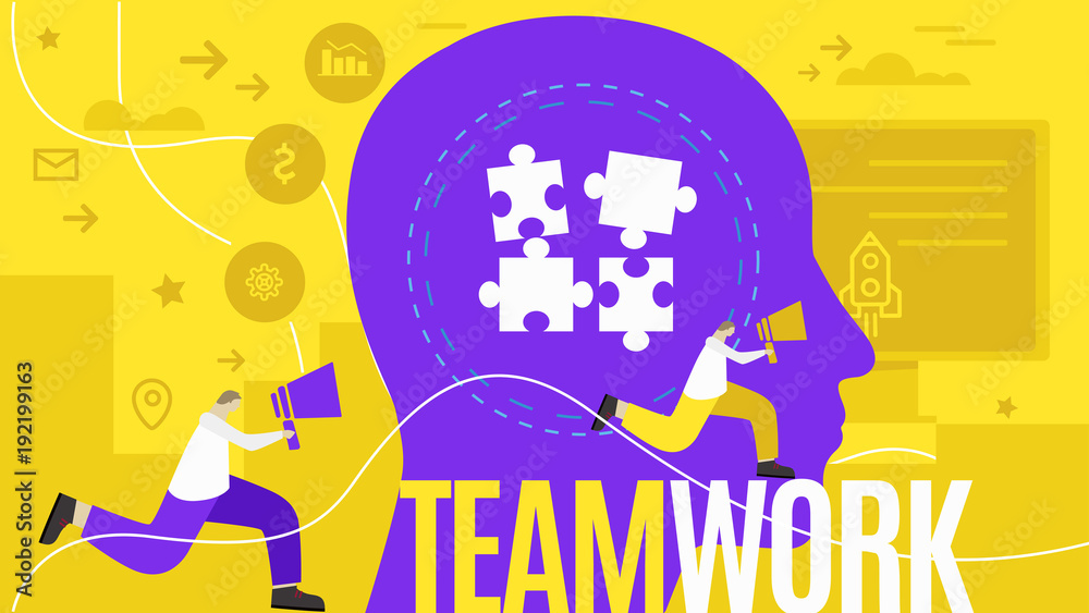 Vector creative illustration of teamwork word lettering typography with line icons
