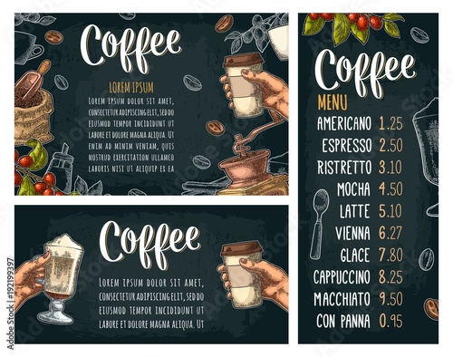 Template poster with hand holding disposable cup coffee