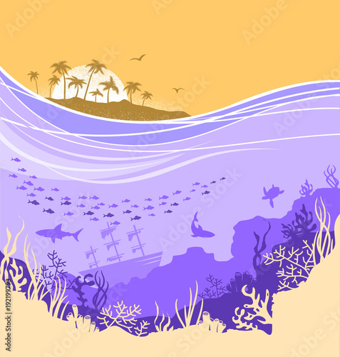 Underwater sea background with tropical island horizone