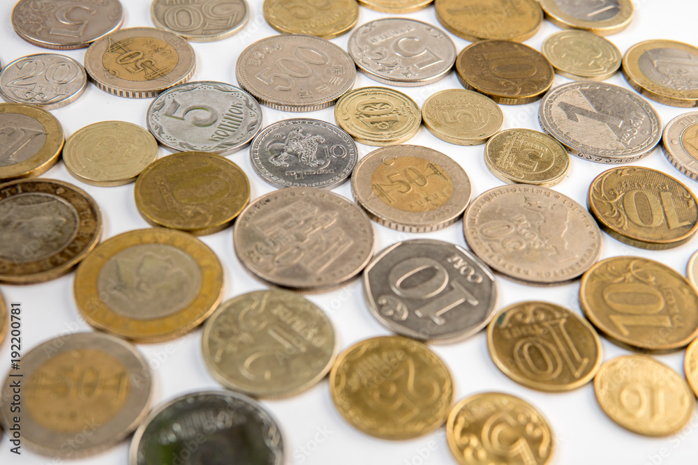 Coins top view. Money from multiple countries Coins top view. Money from multiple countries