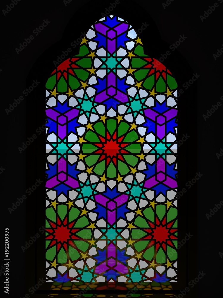 Islamic window, colored stained glass window of a mosque with a