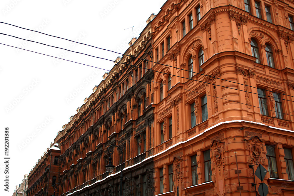 Obraz premium The architecture of Petersburg in brown tones against the background of a pale cloudy sky