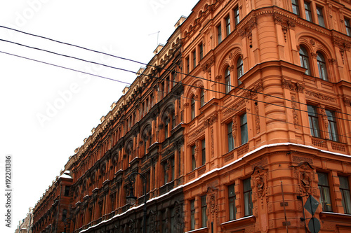 The architecture of Petersburg in brown tones against the background of a pale cloudy sky