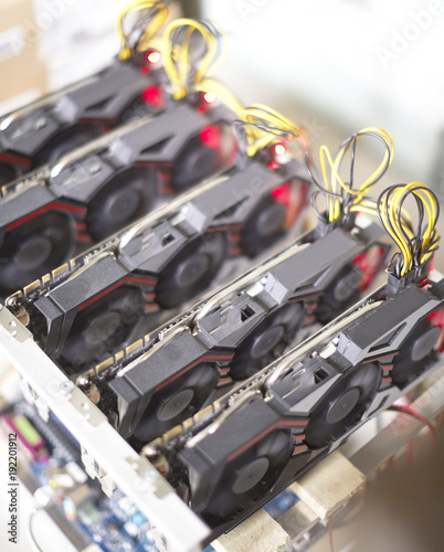 Cryptocurrency mining rig using graphic cards to mine for digital cryptocurrency such as bitcoin, ethereum and other altcoins.