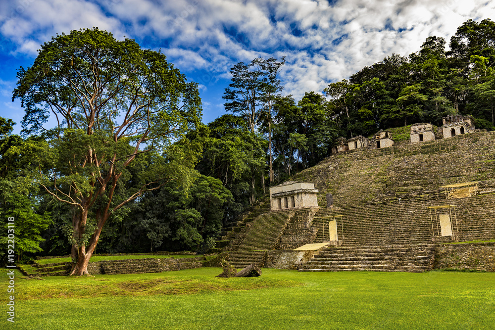 Mexico. The Bonampak Archaeological Park. The Grand Plaza and a large terraced acropolis
