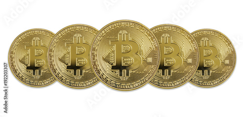 Golden bitcoins on white ba...