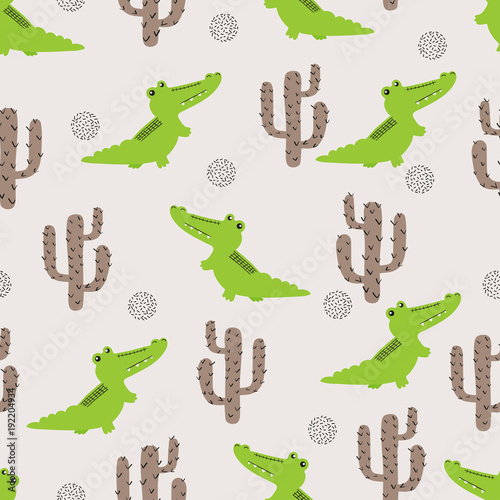 Seamless cute crocodile pattern. Vector background with cartoon alligator and cactus.