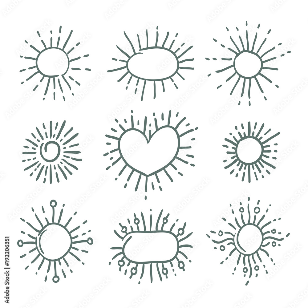 Set of linear drawing of rays of the sun in vintage style. Oval elements, round stickers sunbursts. Graphic illustration for web design Set of linear drawing of rays of the sun in vintage style. Oval elements, round stickers sunbursts. Graphic illustration for web design