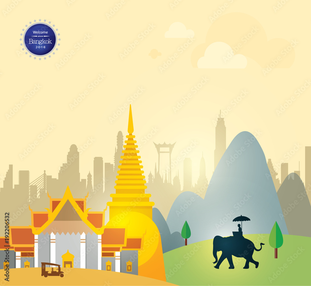 Bangkok Cityscape Travel & Tourism Illustration with Thailand Heritage