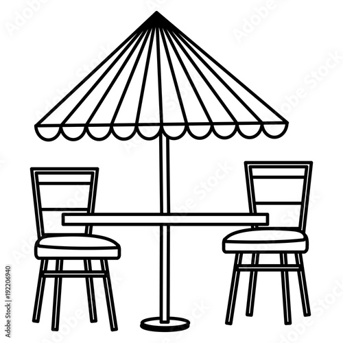 restaurant table with parasol and chairs vector illustration design