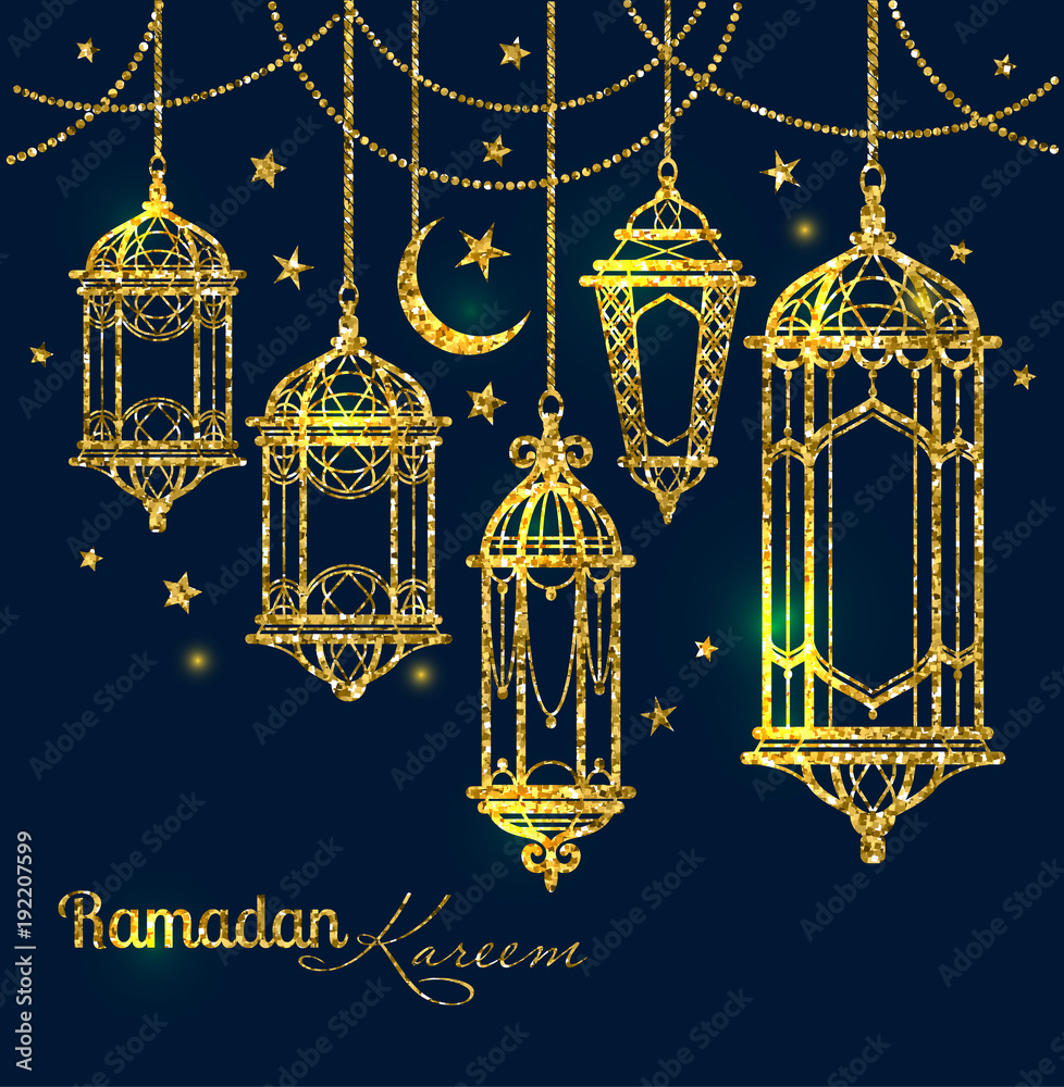 Greeting Card Ramadan Kareem design with lamps and moons.