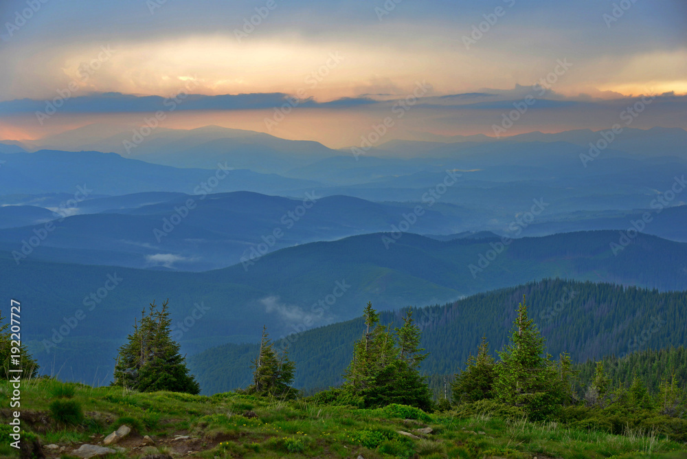 Beautiful sunset in the Ukrainian Carpathians
