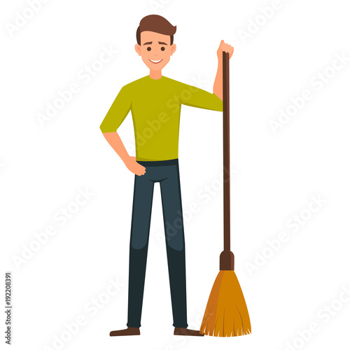 Cartoon Male vector character with a broom. Cleaner boy is holding a broom.Cleaner roads, streets, and parks in working  clothes with a broom in hand.Cleaning concept
