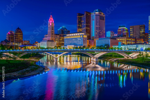 Columbus Ohio reflected in Scioto River at Sunset photo