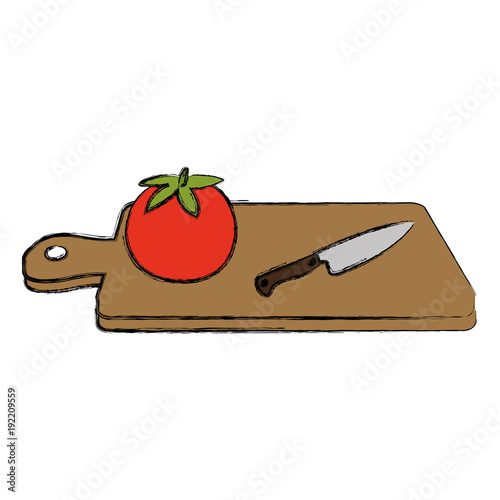 fresh tomato with knife in kitchen board vector illustration design