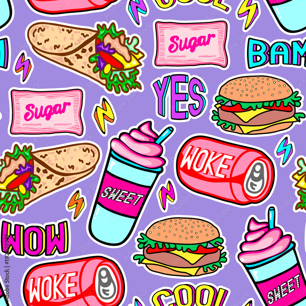 Fast food seamless pattern with sugar packs, canned beverages (carbonated drinks), chicken rolls, burgers, etc. Patches, badges, pins, stickers. Purple background. Fast food seamless pattern with sugar packs, canned beverages (carbonated drinks), chicken rolls, burgers, etc. Patches, badges, pins, stickers. Purple background.