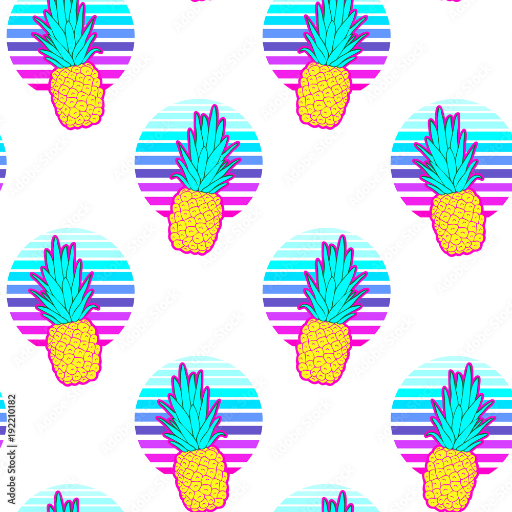 Pineapples seamless pattern on an abstract geometrical background. Vaporware style vector illustration. White background.