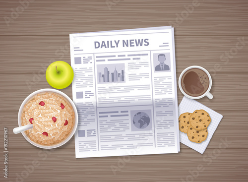 Latest news at breakfast. Daily Newspaper in the morning on a wooden table. Articles, headings. Oat flakes, apple, coffee, chocolate cookies. Vector illustration. Top view.