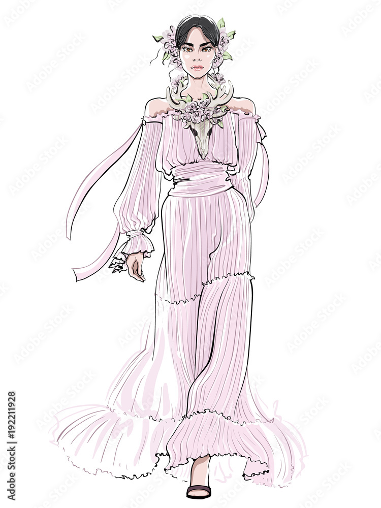 Smiling woman in pink evening dress wiyh deers scull. Fashion vector illustration.