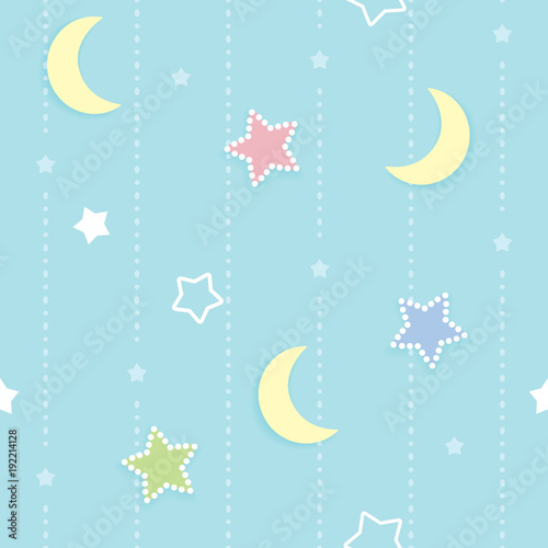 Cute seamless pattern background with colorful dotted and outlined stars and crescent moon. Children's bedroom, baby nursery decorative wallpaper. Vector Illustration.