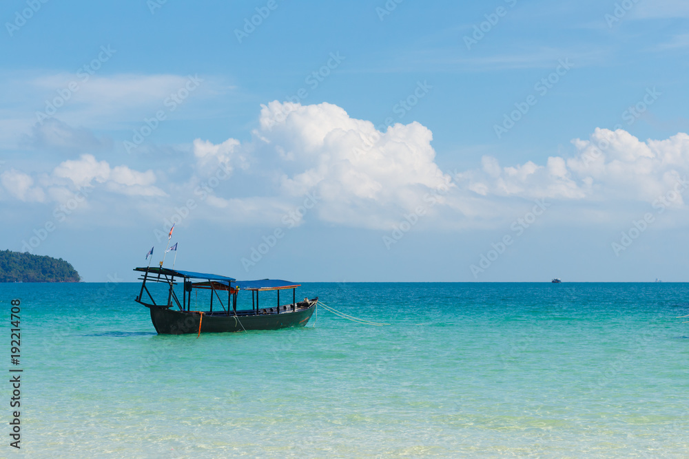 Boat at saracen bay, Koh Rong Samloem, Sihanoukville, Cambodia, tropic island, paradise Boat at saracen bay, Koh Rong Samloem, Sihanoukville, Cambodia, tropic island, paradise