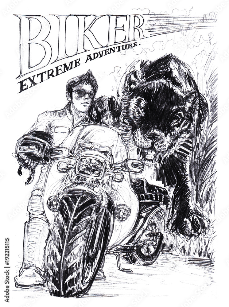 Big bike and panther or black tiger pencil stroke drawing design